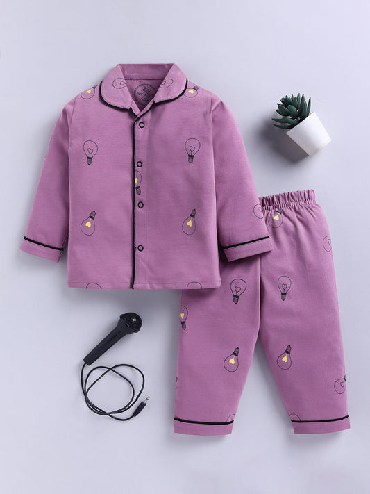 Purple Typography Cotton Full Sleeves Night Suit