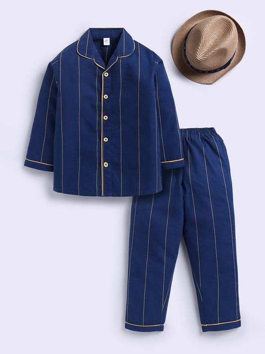 Blue Striped Cotton Full Sleeves Full Night Suit