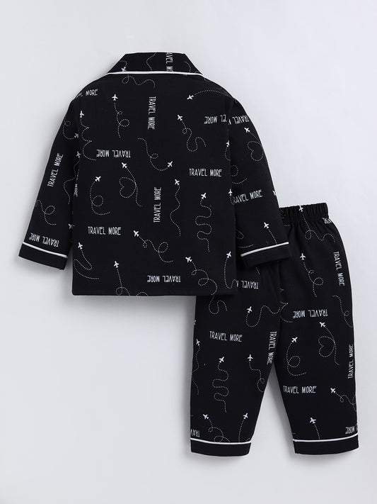 Black Typography Cotton Full Sleeve Night Suit