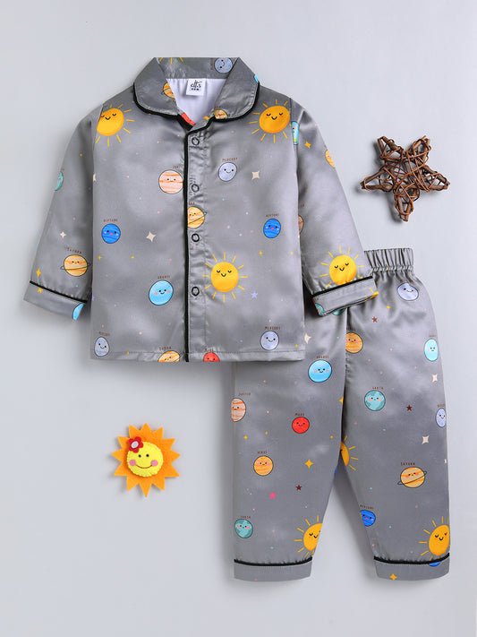 Grey Graphic Satin Full Sleeve Night Suit