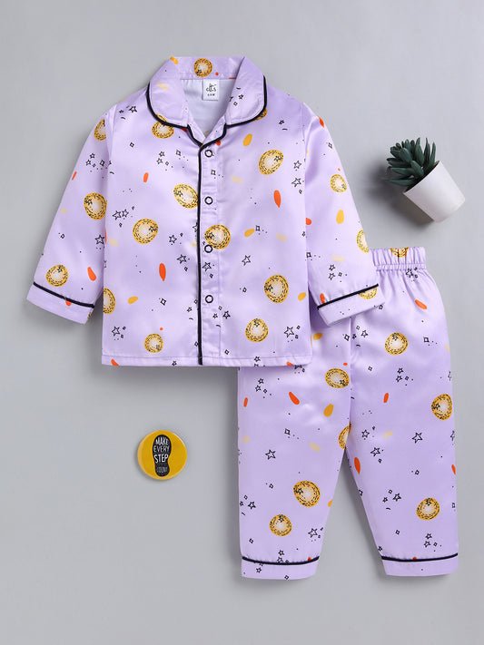 Purple Typography Satin Full Sleeve Night Suit