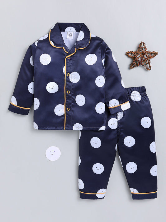 Blue Typography Satin Full Sleeve Night Suit