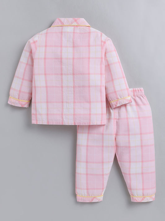 Pink Checked Cotton Full Sleeve Night Suit