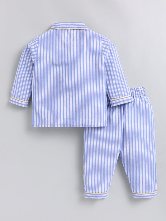 Blue Striped Cotton Full Sleeve Night Suit