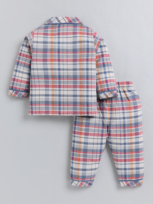 Blue Checked Cotton Full Sleeve Night Suit