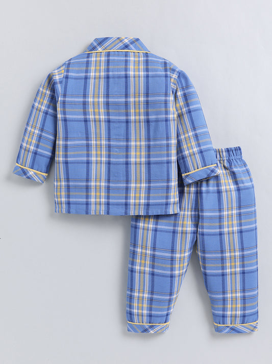 Blue Checked Cotton Full Sleeve Night Suit