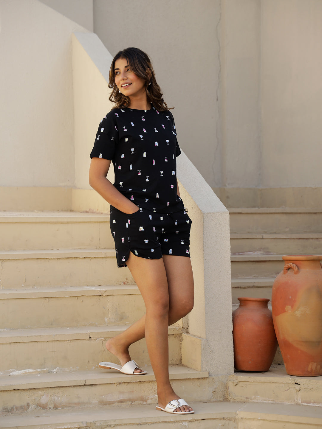 Black Cotton Short Sleeves Graphic T-shirt & Shorts