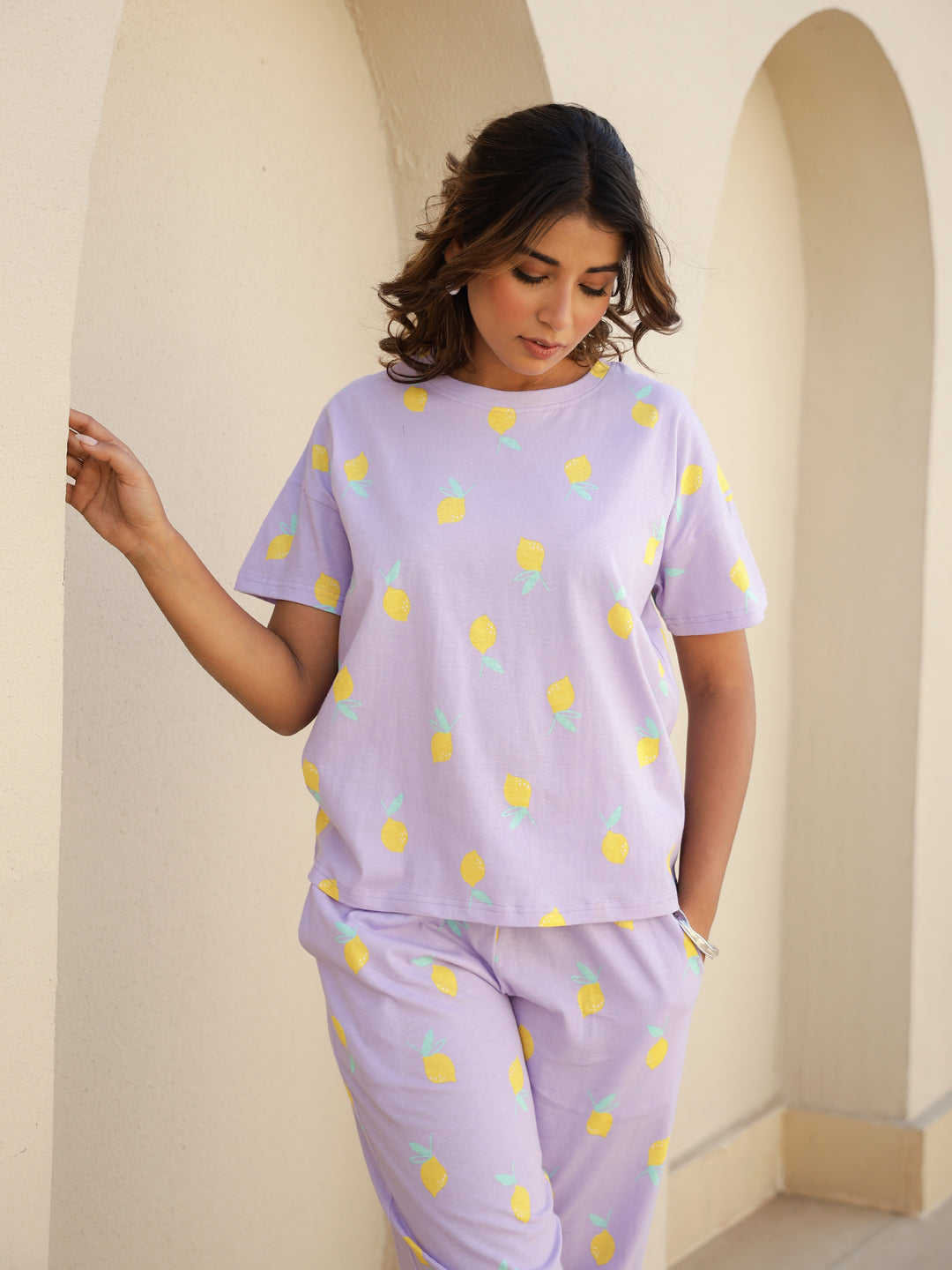 Purple Cotton Short Sleeves Tropical T-shirt & Pyjamas