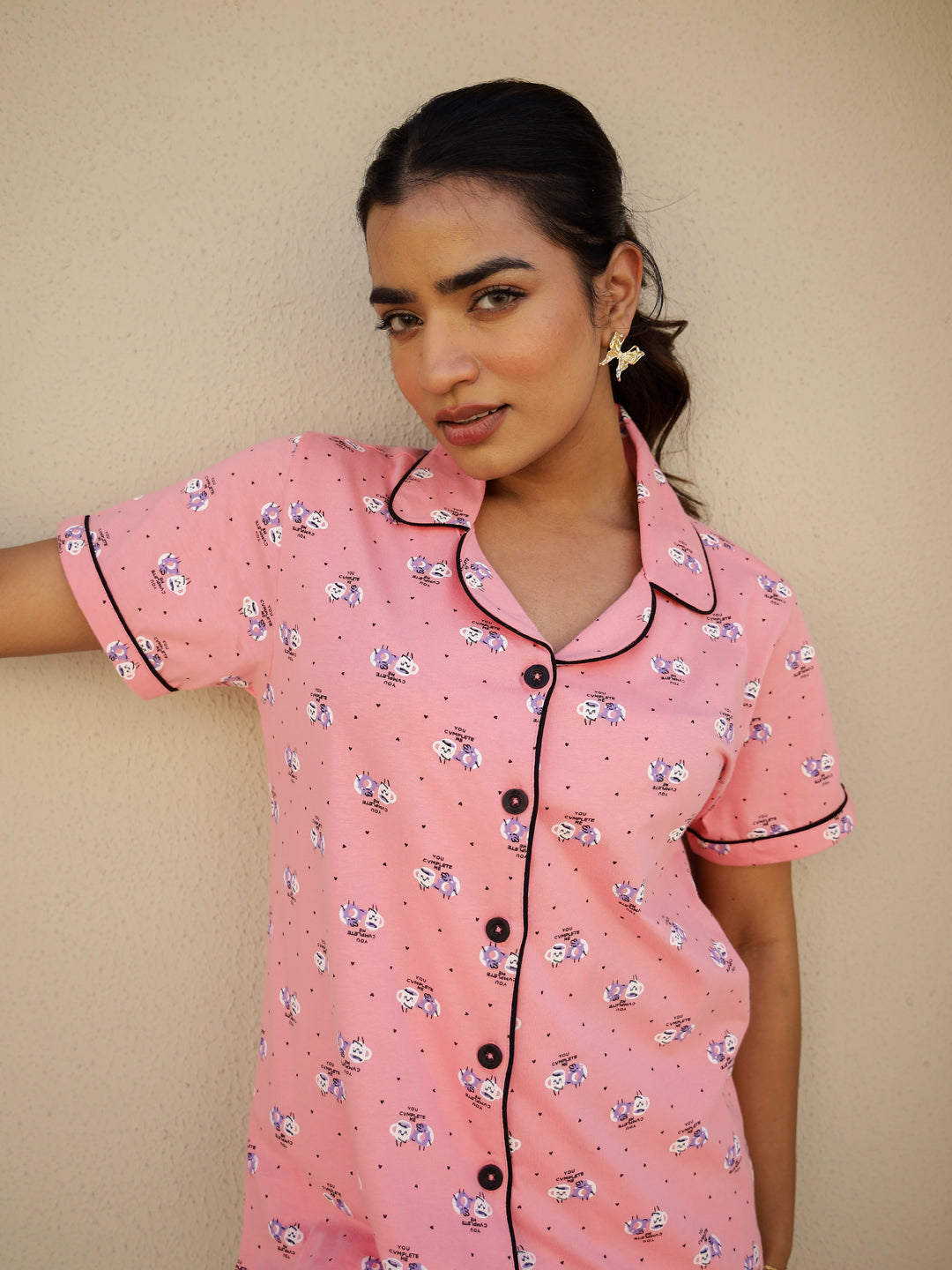 Coral Cotton Short Sleeves Typography Night Suit