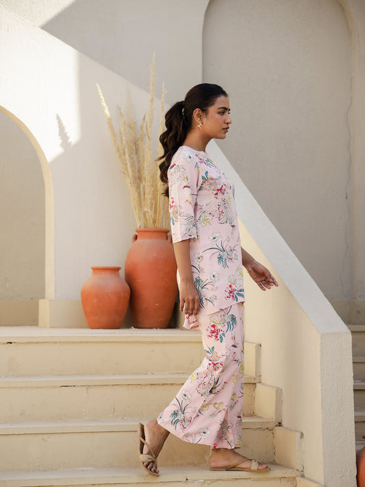 Pink Rayon Three-Quarter Sleeves Floral Kurta & Palazzo