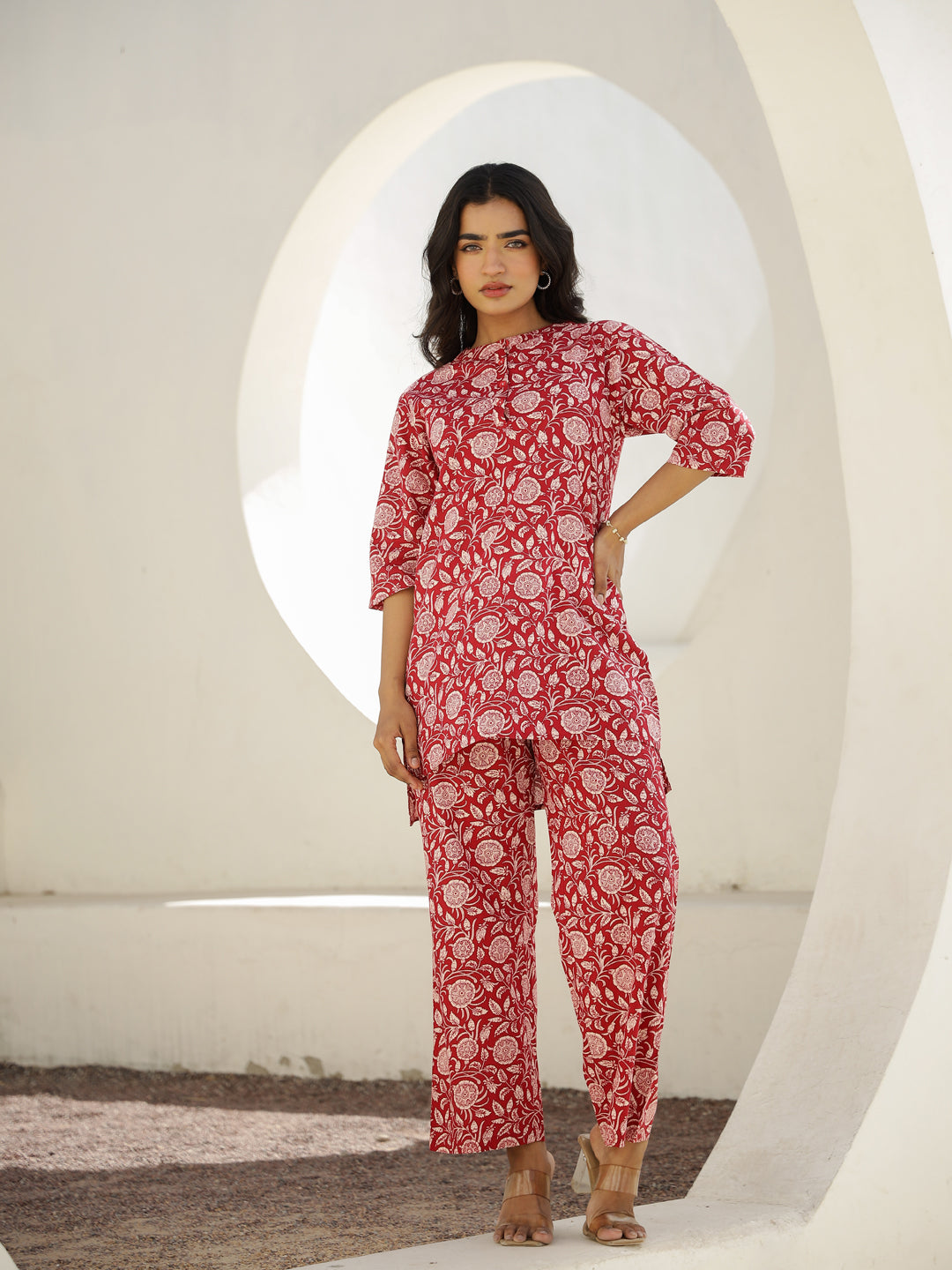 Red Cotton Three-Quarter Sleeves Floral Kurta & Palazzo