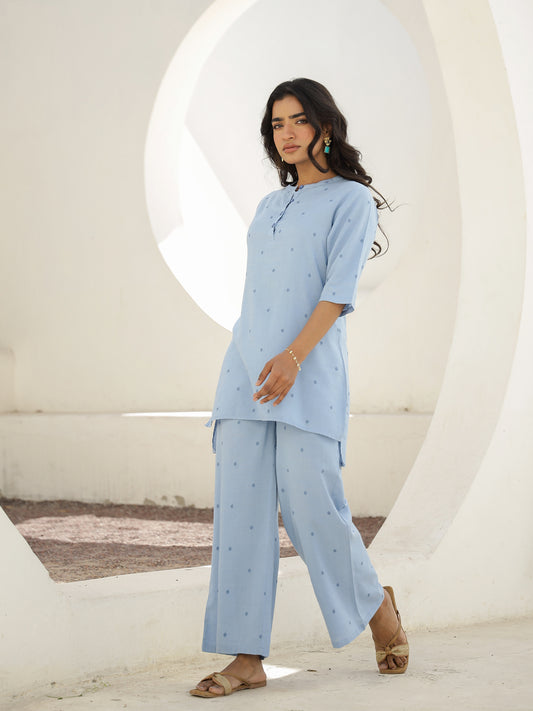 Blue Cotton Three-Quarter Sleeves Floral Kurta & Palazzo