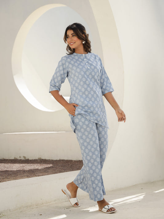 Blue Cotton Three-Quarter Sleeves Floral Kurta & Palazzo