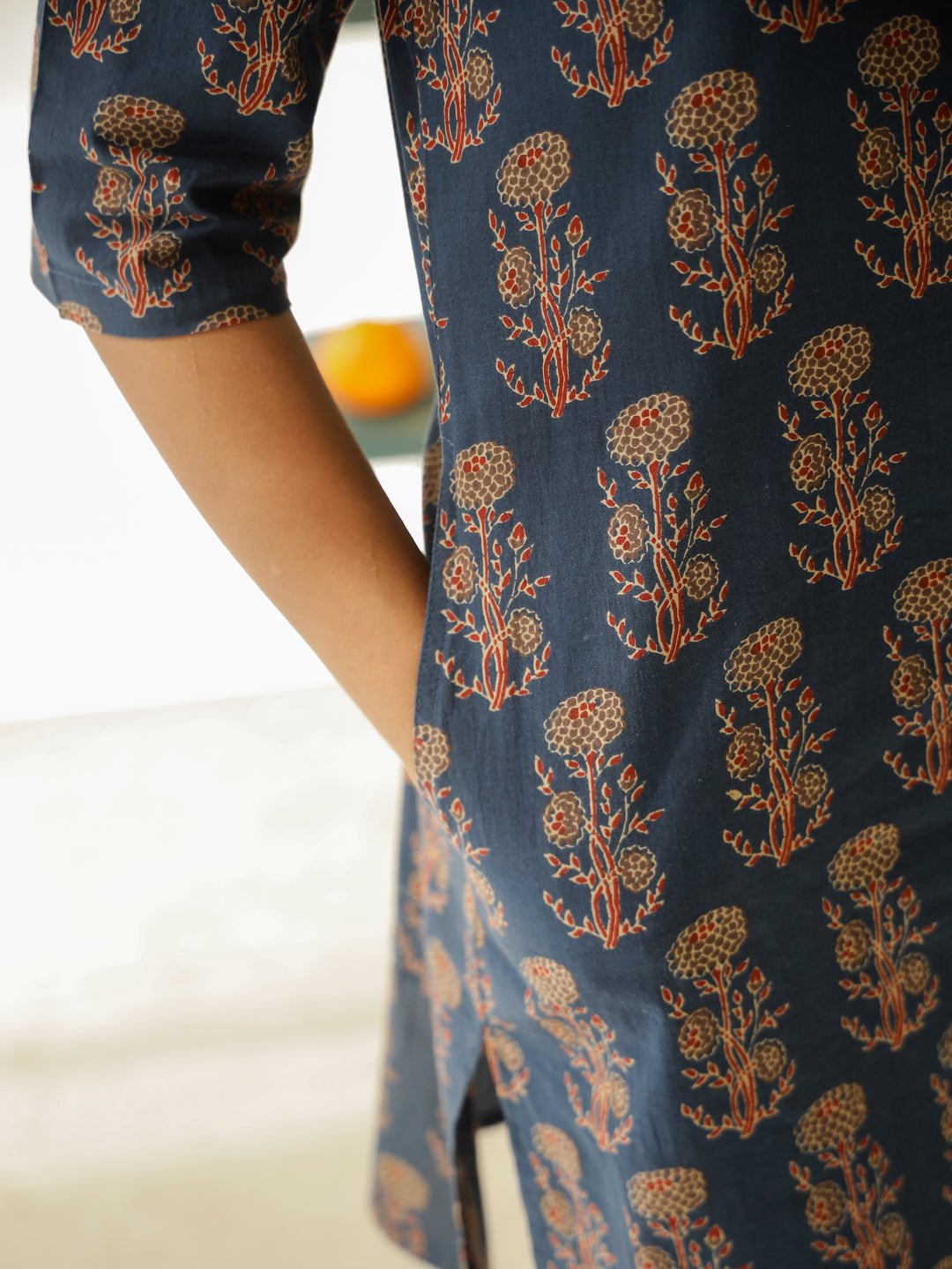 Blue Cotton Three-Quarter Sleeves Floral Kurta & Pyjama