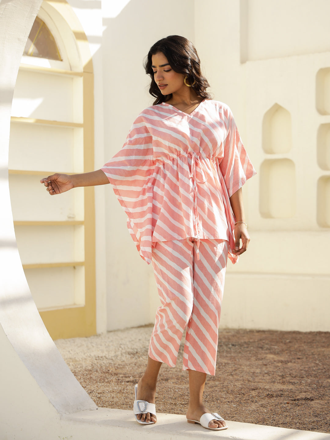 Pink Cotton Three-Quarter Striped Kaftan Set