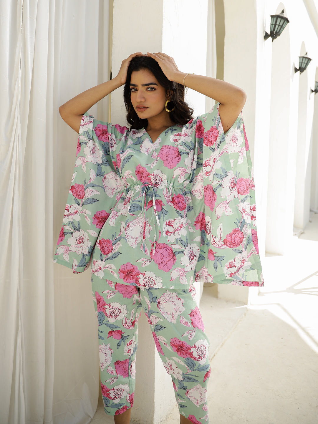 Green Cotton Three-Quarter Floral Kaftan Set