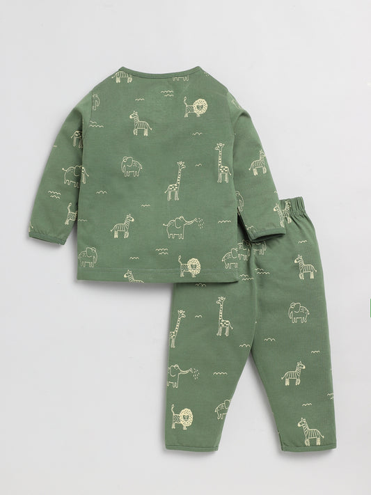 Cute Animal Print Green Full Sleeve Nightwear Set
