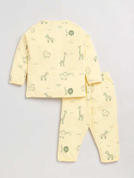 Cute Animal Print Yellow Full Sleeve Nightwear Set