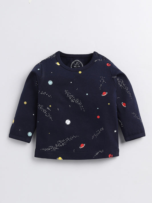 Space Theme Blue Cotton Full Sleeve Nightwear Set