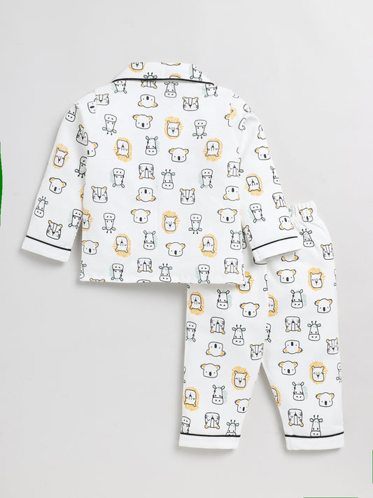 Animal Print Off-white Full Sleeve Nightwear Set