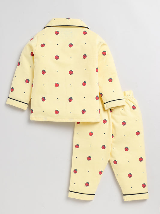 Strawberry Print Yellow Full Sleeve Nightwear Set