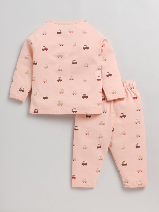 Car Print Peach Full Sleeve Nightwear Set