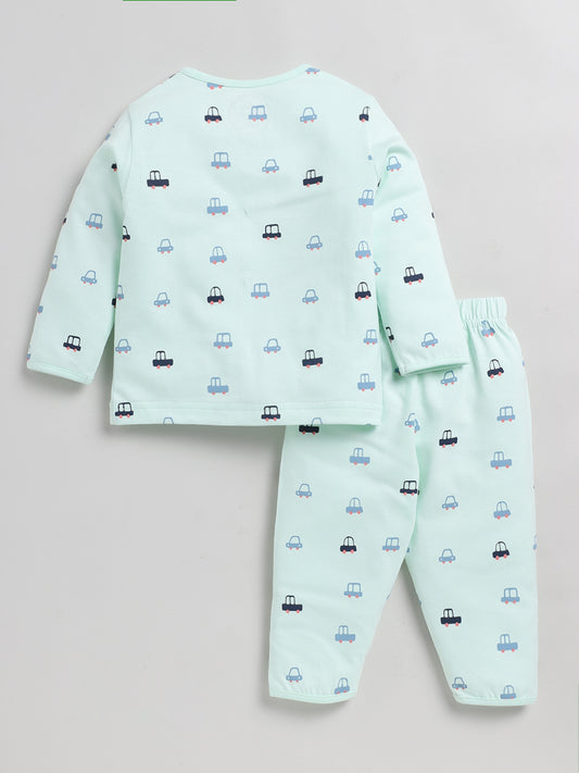 Car Print Sea Green Full Sleeve Nightwear Set