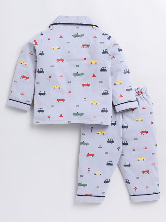Car Print Grey Full Sleeve Nightwear Set