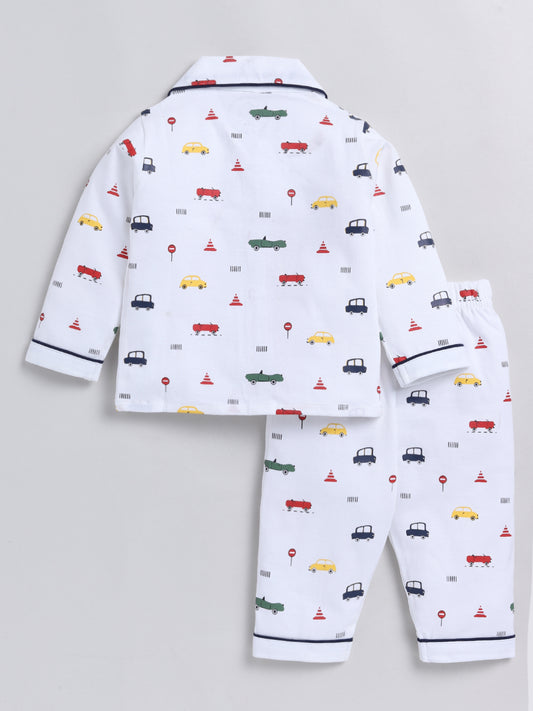 Car Print White Full Sleeve Nightwear Set
