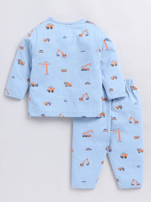 Construction Zone Print Blue Full Sleeve Nightwear Set