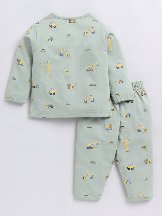 Construction Zone Print Green Full Sleeve Nightwear Set