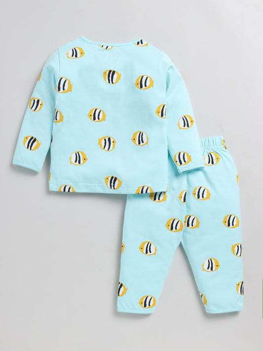 Fish Print Blue Full Sleeve Nightwear Set