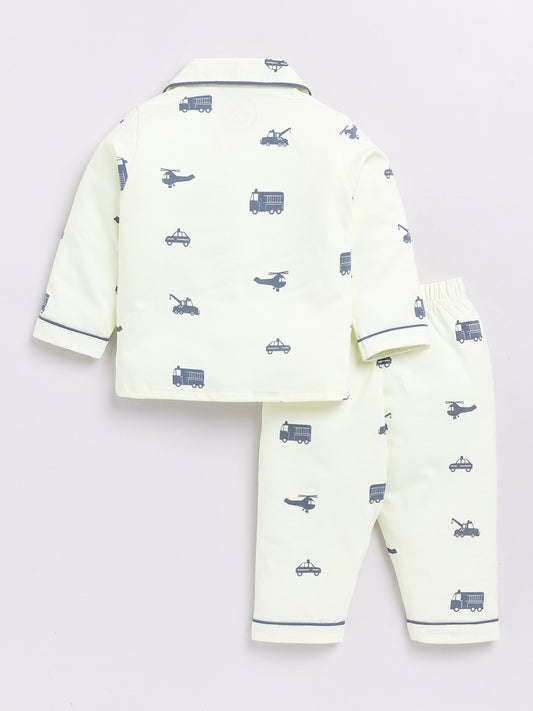 Yellow Vehicle Print Full Sleeve Night Suit