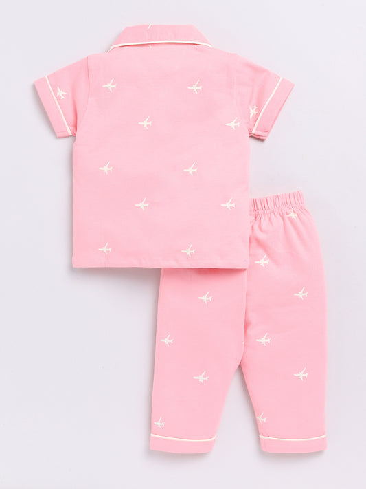 Pink Airplane Print Half Sleeve Night Suit