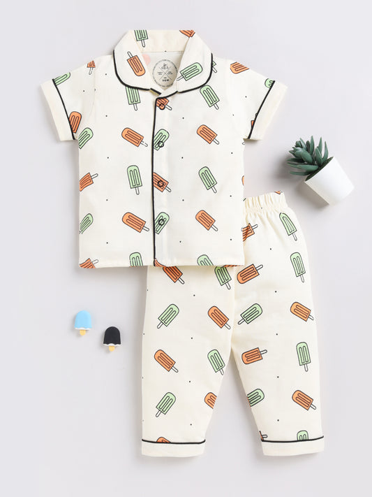 Cream Popsicle Print Half Sleeve Night Suit