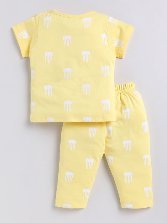 Yellow Popcorn Print Half Sleeve Night Suit