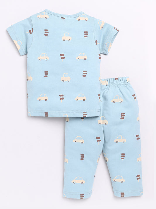 Blue Car Print Half Sleeve Night Suit