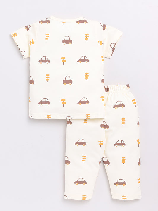 Cream Car Print Half Sleeve Night Suit