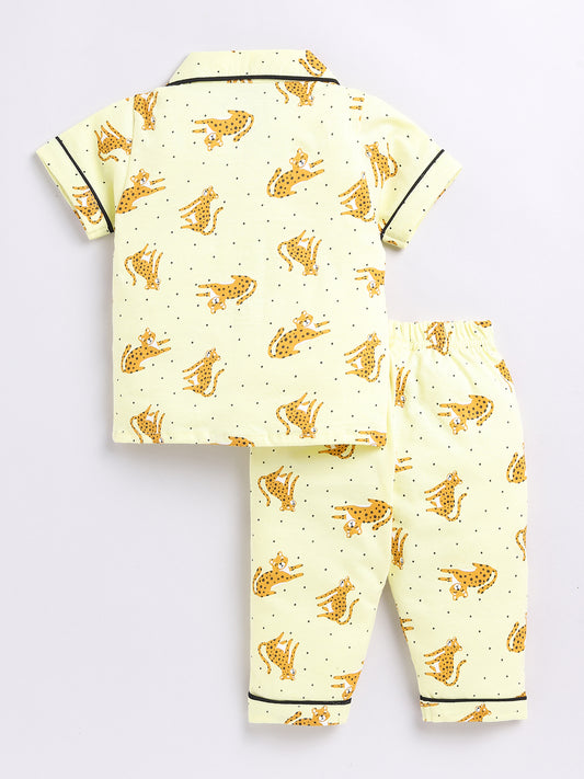 Yellow Cheetah Print Half Sleeve Night Suit