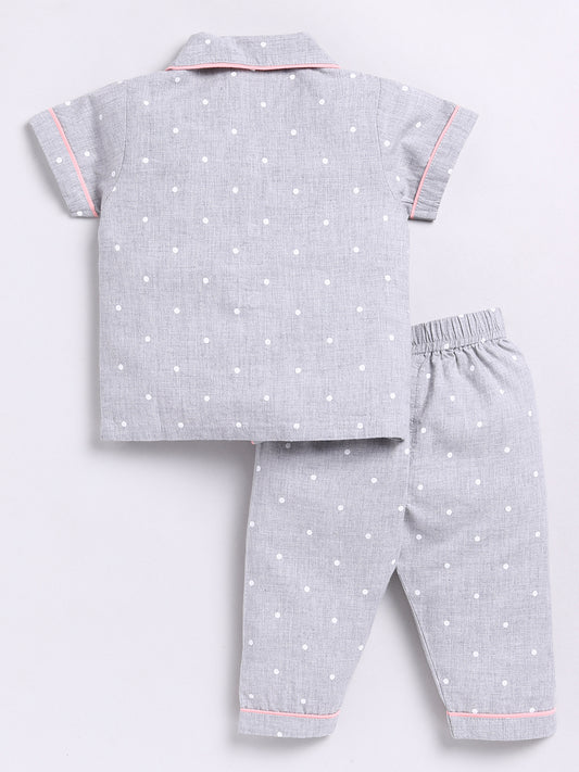 Grey Cotton Short Sleeves Polka Dots Nightwear Set