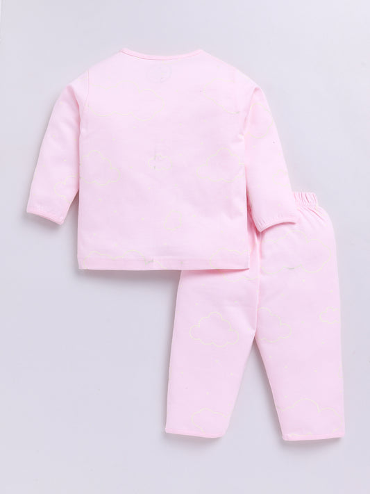 Pink Cotton Full Sleeves Graphic Nightwear Set