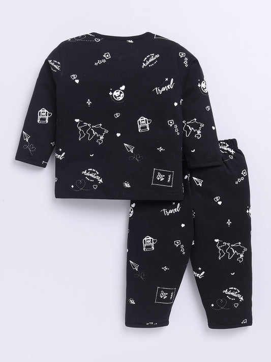 Black Cotton Full Sleeves Graphic Nightwear Set