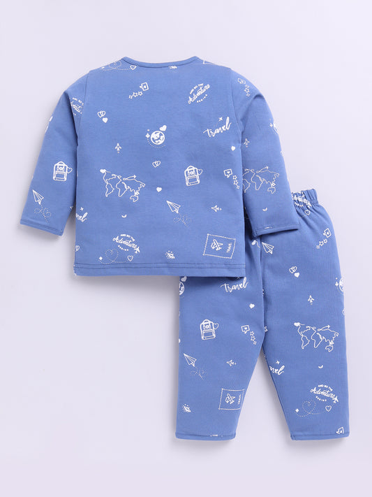 Blue Cotton Full Sleeves Graphic Nightwear Set
