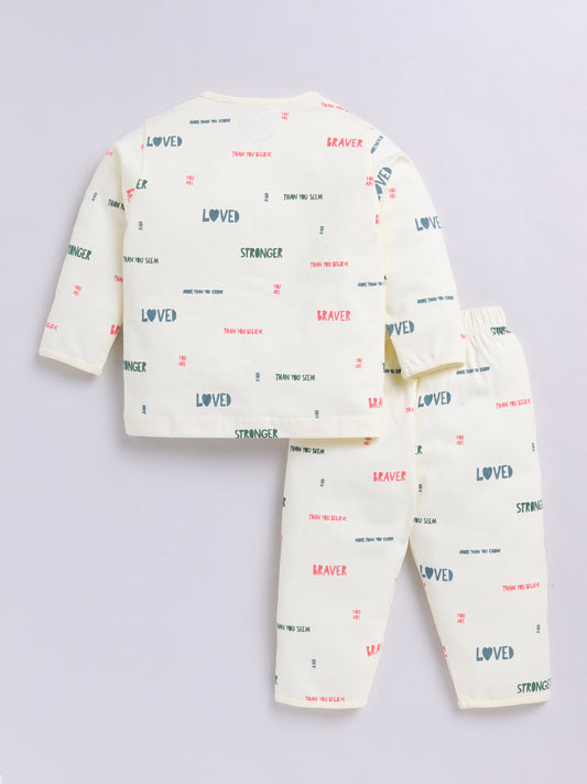 Cream Cotton Full Sleeves Typography Nightwear Set