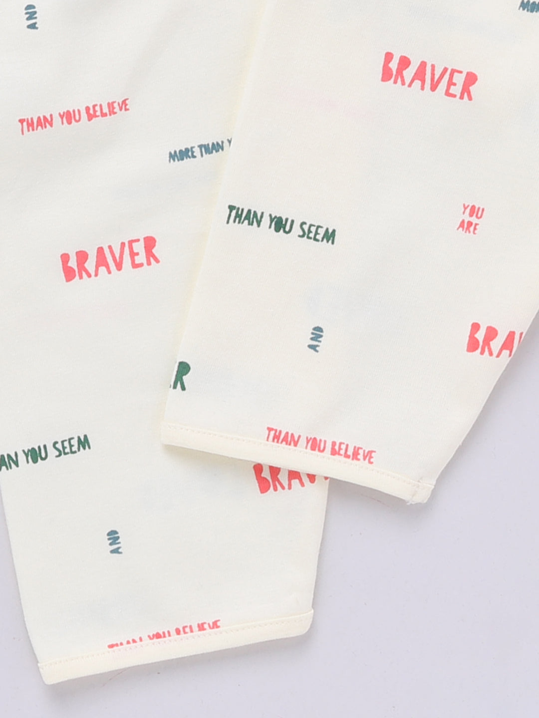 Cream Cotton Full Sleeves Typography Nightwear Set