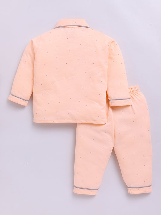 Peach Cotton Full Sleeves Polka Dots Nightwear Set