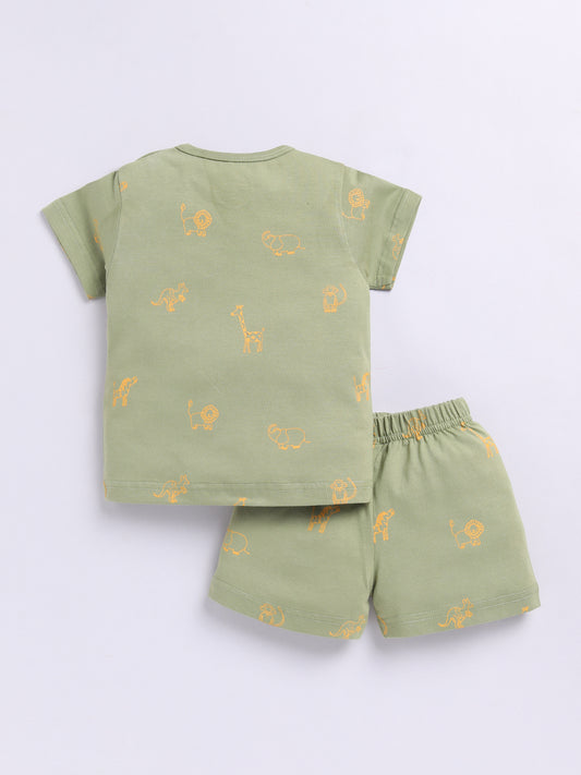 Green Cotton Short Sleeves Animal Nightwear Set