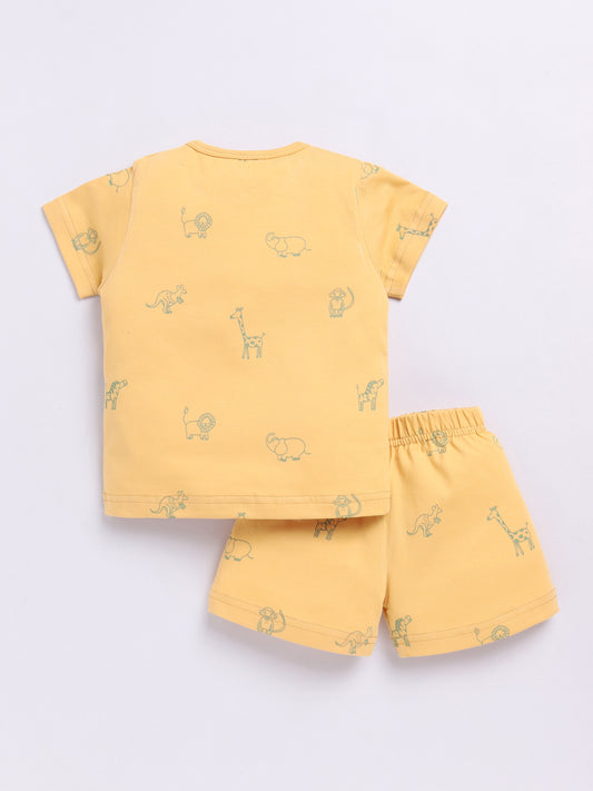 Yellow Cotton Half Sleeves Animal Nightwear Set