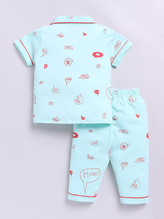 Sea Green Cotton Short Sleeves Typography Nightwear Set