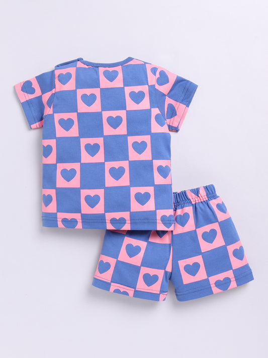 'Hearts' Blue Cotton Half Sleeves Nightwear Set